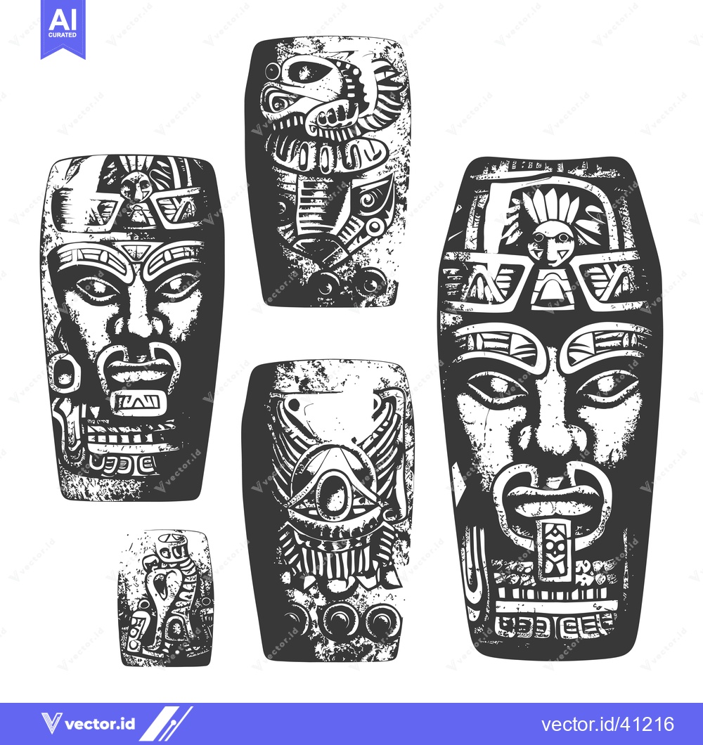 Premium Vector of Five Ancient Mayan Stone Carvings of Human and Animal Faces