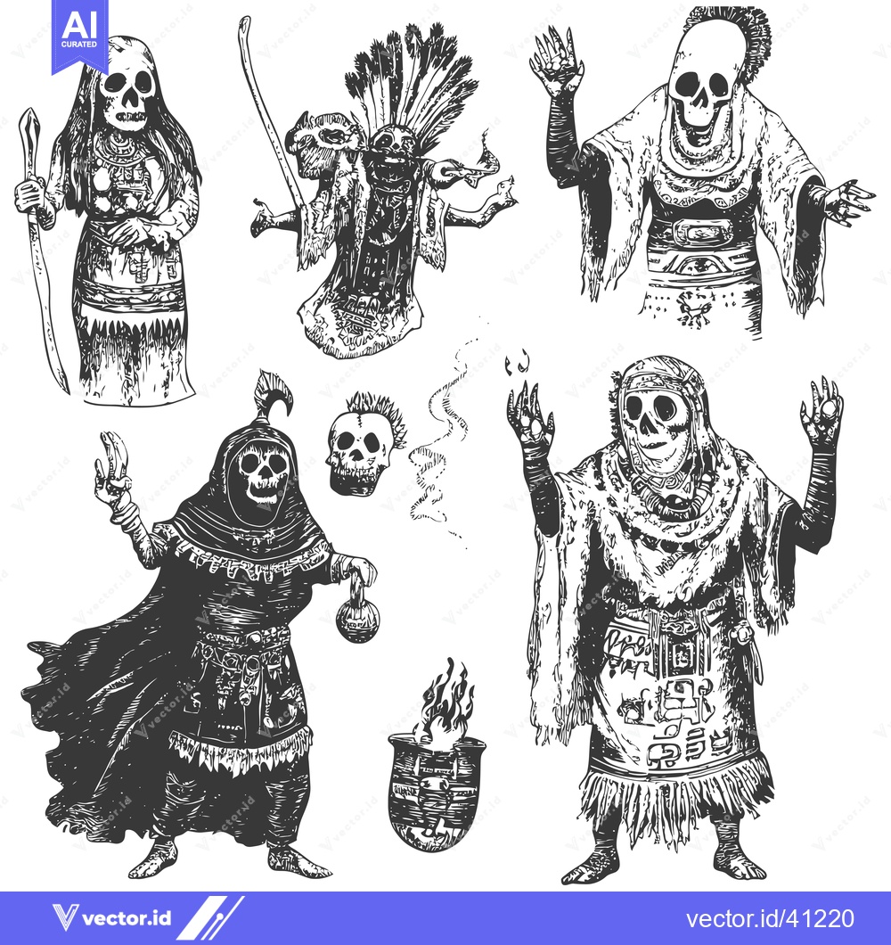 Premium Vector of Five Black and White Sketches of Figures with Skulls and Tribal-Inspir