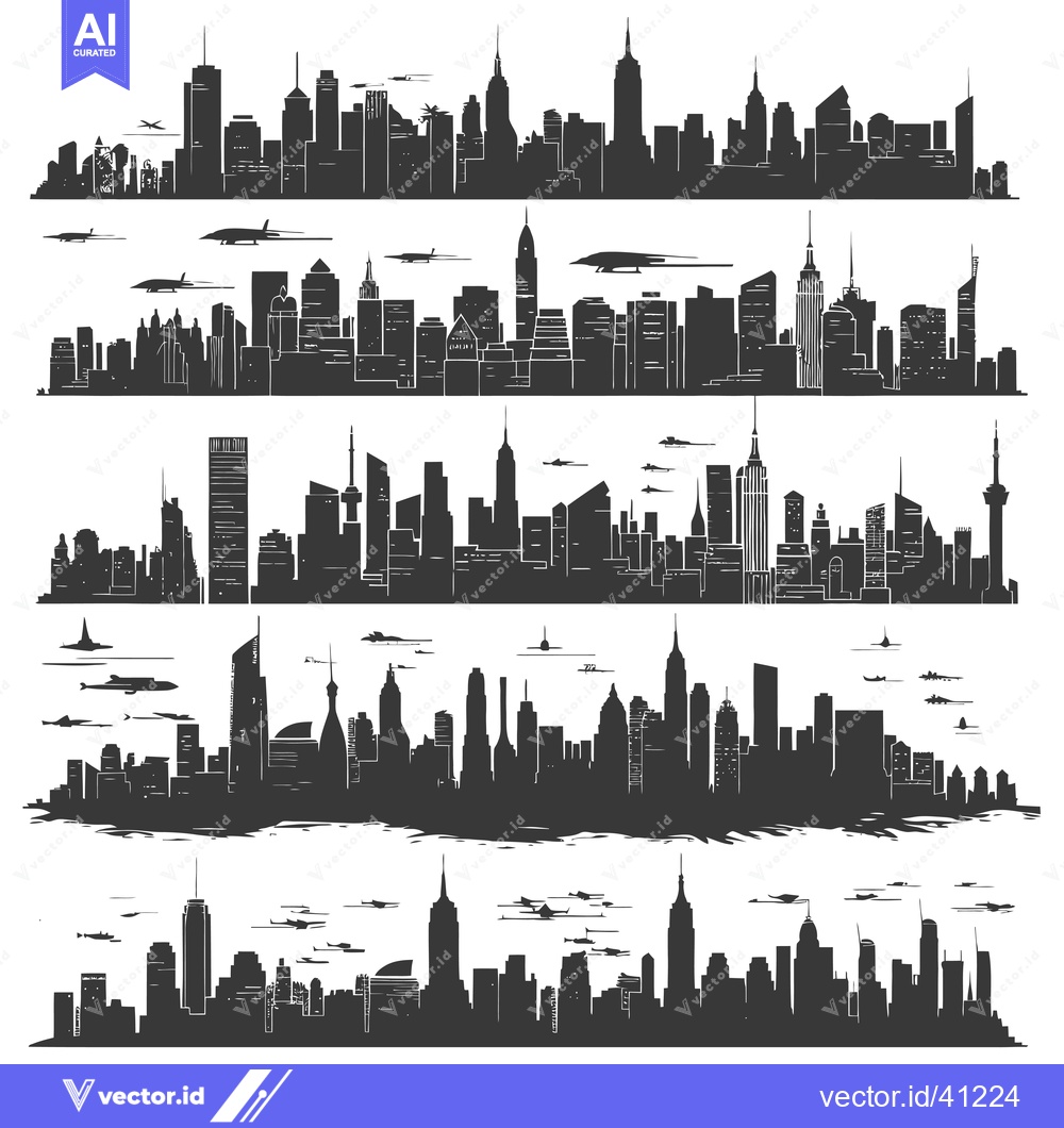 Premium Vector dari Five Detailed Black and White City Skyline Silhouettes with Flying Air