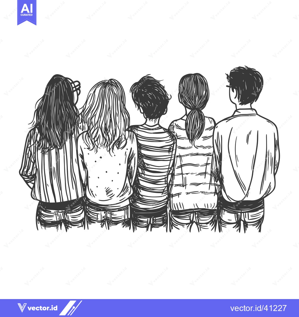 Premium Vector dari Five Friends Standing Together From Behind, Black and White Line Drawi