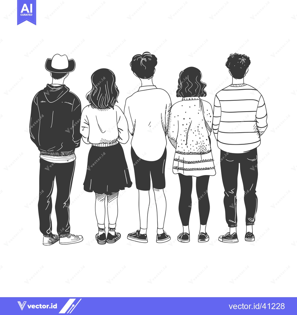 Premium Vector dari Five Individuals Facing Away from the Viewer in a Hand-Drawn Sketch