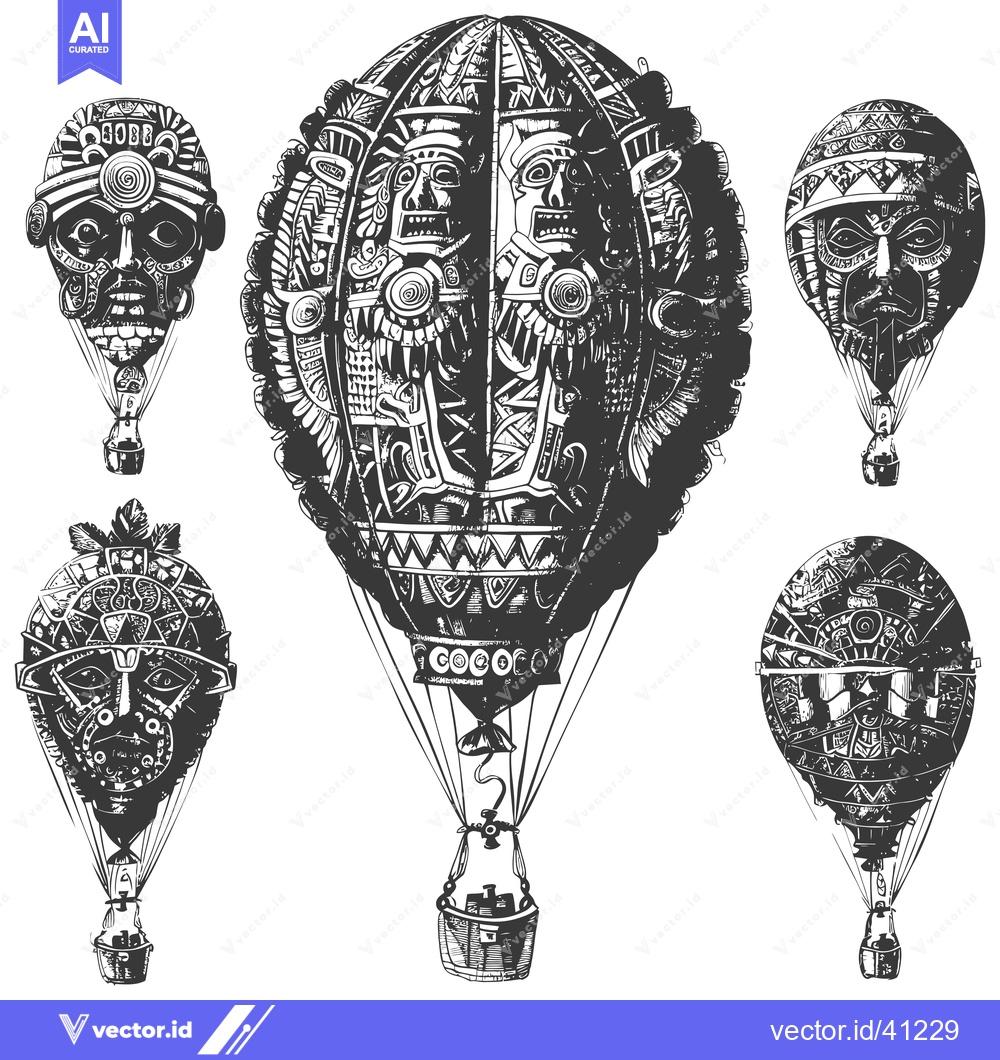 Premium Vector of Five Ornate Hot Air Balloons With Intricate Mask Designs