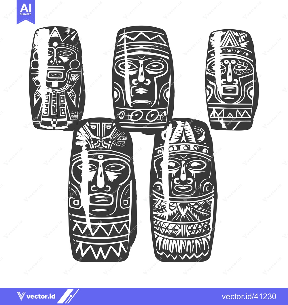Premium Vector of Five Ornate Tribal Carved Wooden Totems with Faces