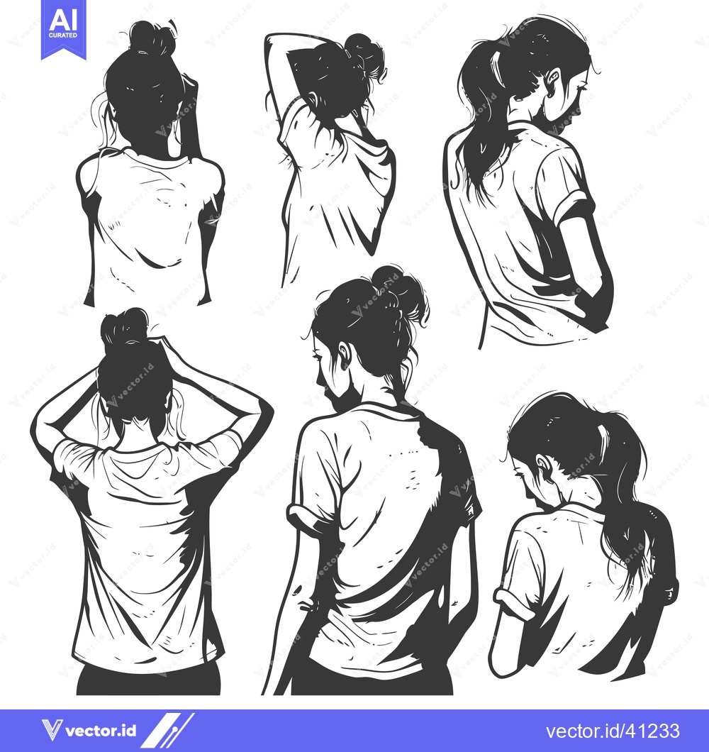 Premium Vector of Five Silhouettes of a Woman Wearing a T-Shirt with Different Hairstyle