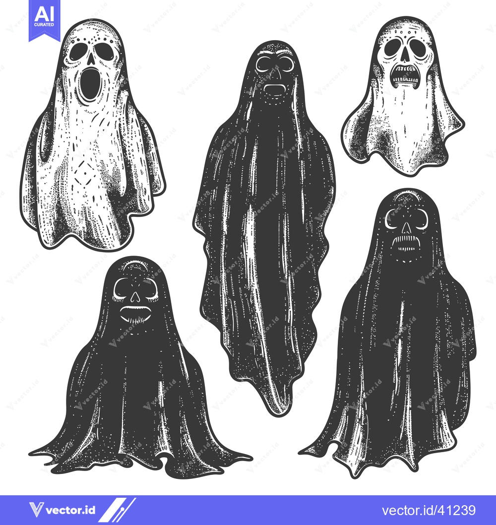 Premium Vector dari Five Spooky Ghosts with Visible Skulls and Open Mouths