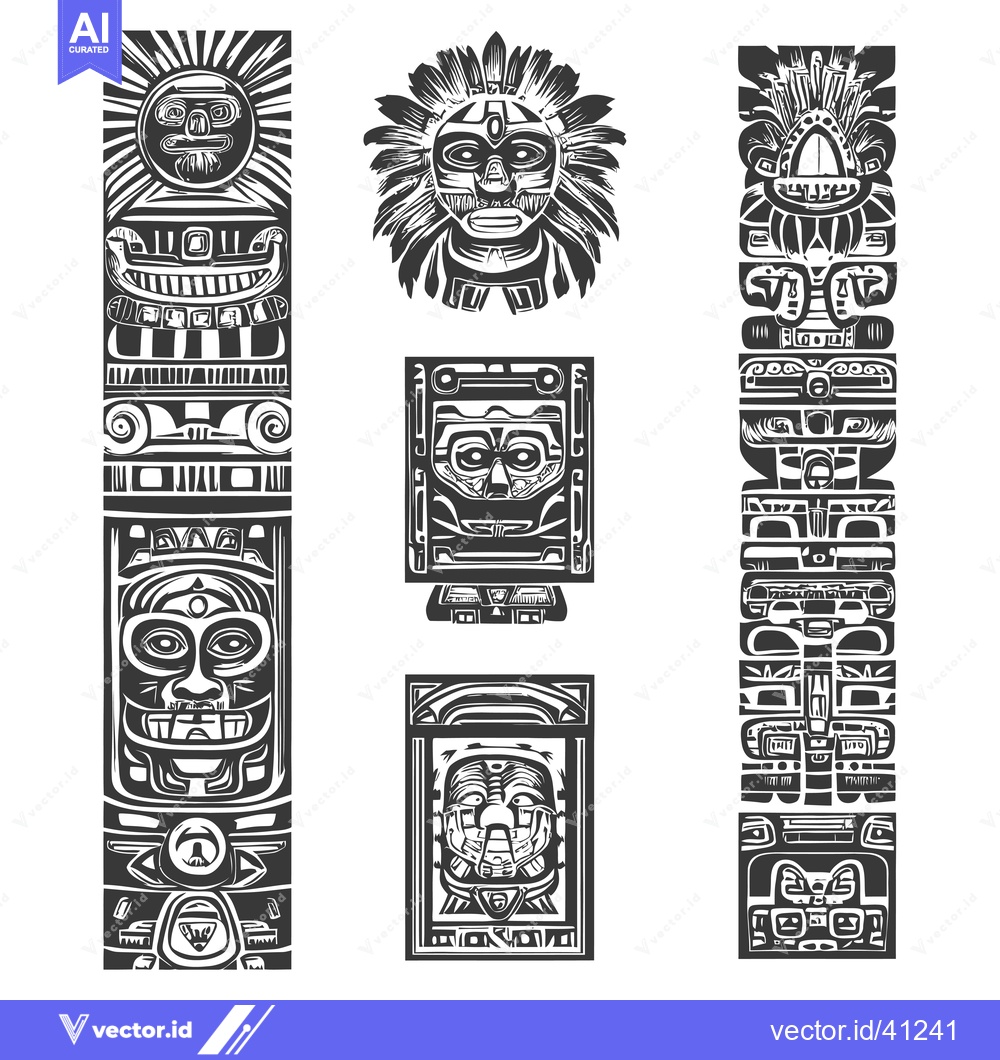 Premium Vector of Five stylized totem pole figures with carved faces