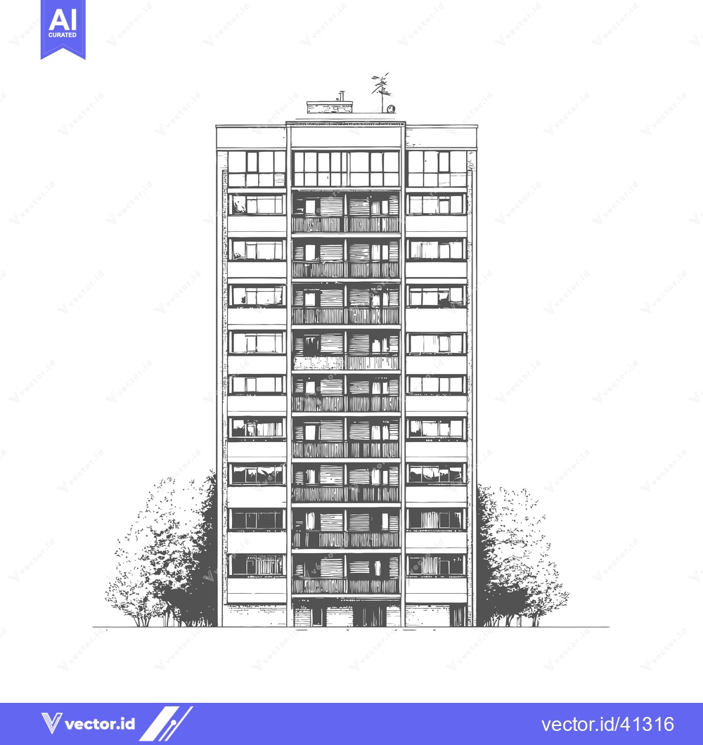 Premium Vector dari Apartment Building Sketch with Trees Flanking Sides