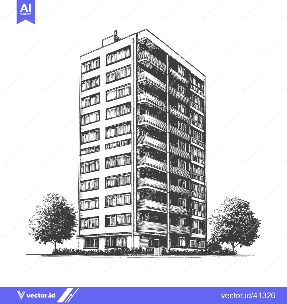 Premium Vector of Apartment Building Sketch with Trees and Landscaping