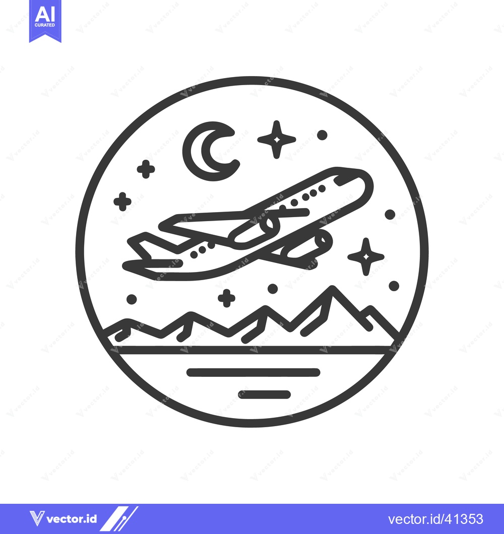 Premium Vector of Airplane Taking Off at Night, Minimalist Line Art in Circle Frame