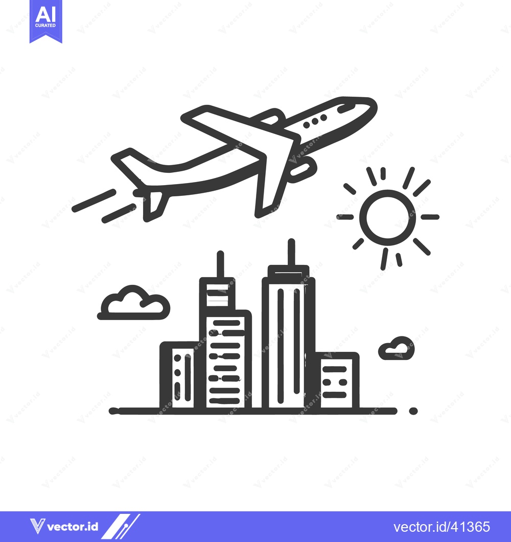Premium Vector of Airplane Flying Over City Skyline, Sun, and Cloud Icon