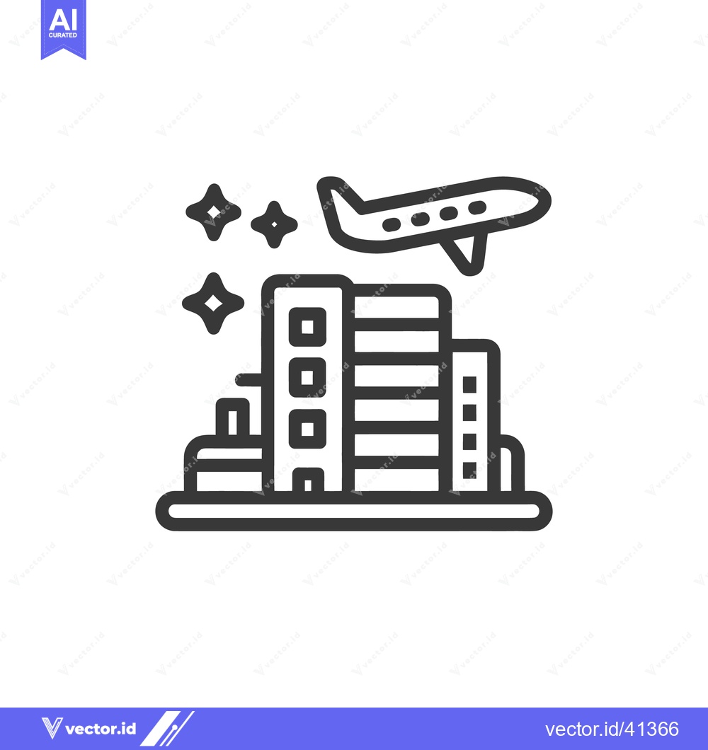 Premium Vector dari Airplane Flying Over City Skyline with Stars, Line Art Icon
