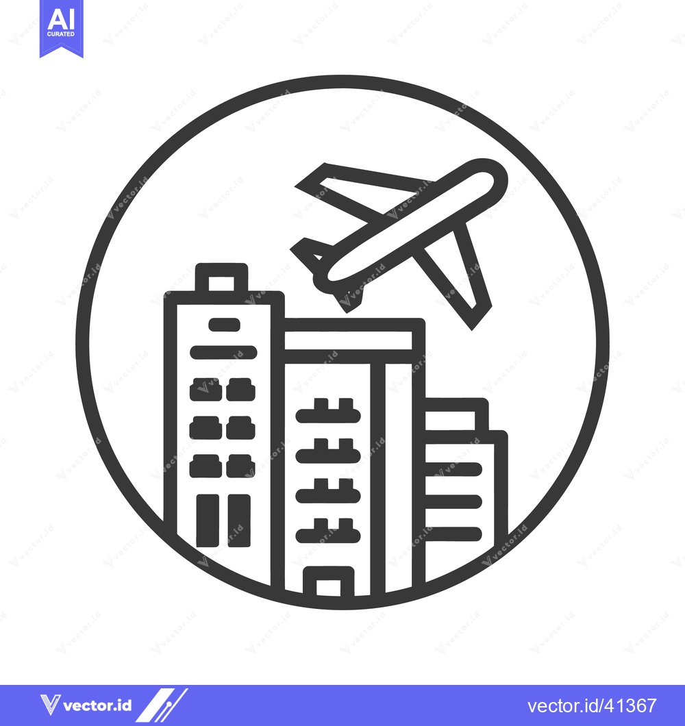 Premium Vector dari Airplane Over Cityscape Icon in Circle, Minimalist Black and White Des