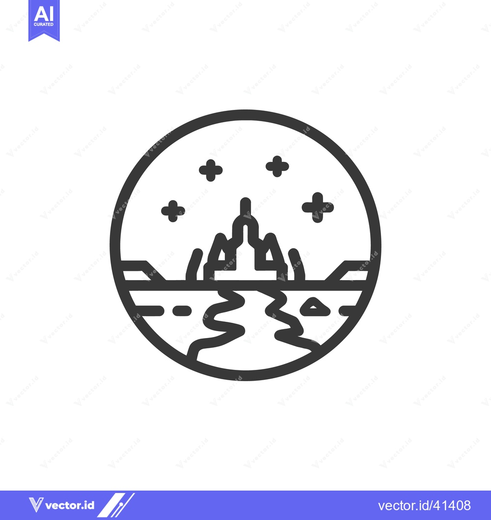Premium Vector dari Minimalist Icon of a Distant Planet with Mountains and River, Surround