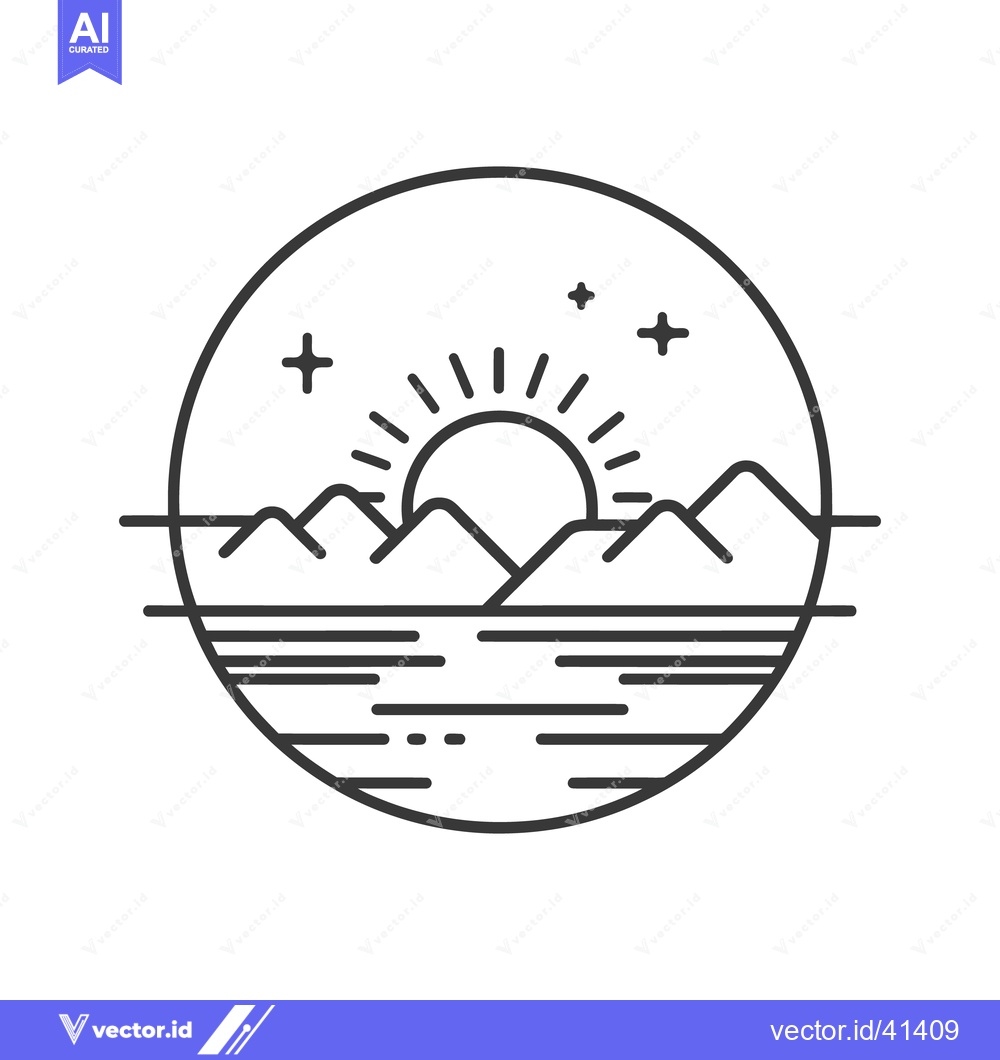 Premium Vector dari Minimalist Mountain Sunset Over Water, Circle Frame, Starry Sky, Line