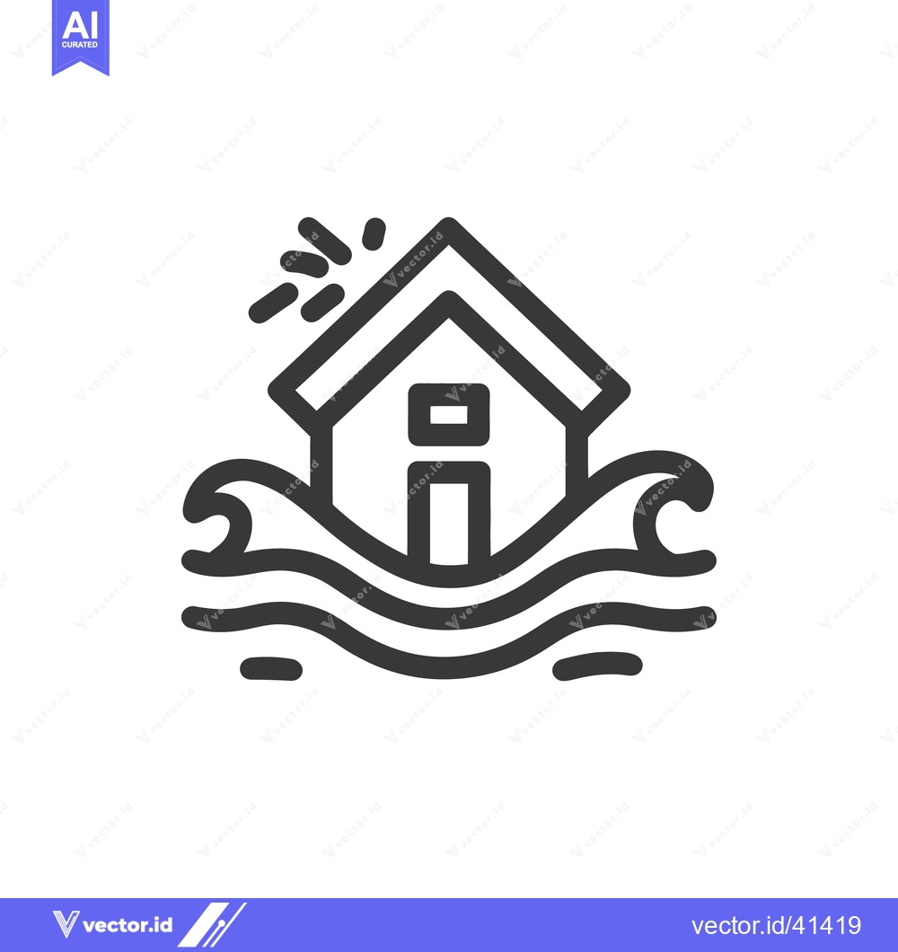 Premium Vector dari Flood Damage Icon: House Submerged in Rising Water, Climate Change Sym