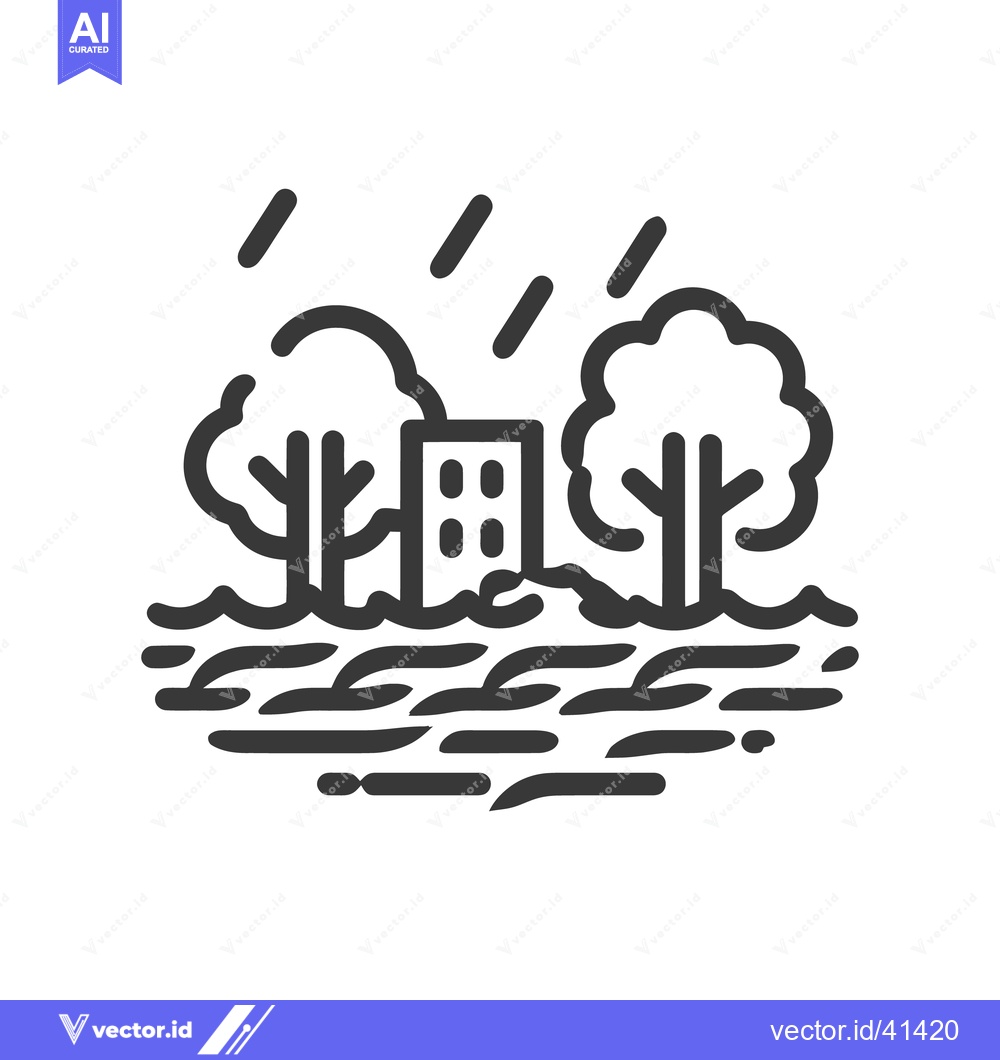 Premium Vector dari Minimalist Icon of Urban Flooding with Trees and Building in Rain