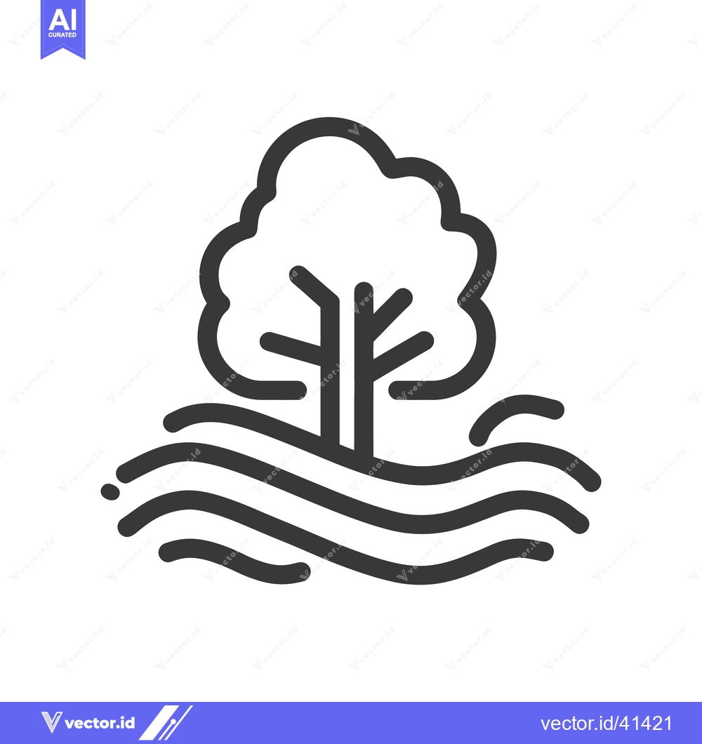 Premium Vector dari Minimalist Tree Icon on Wavy Ground, Bold Line Art Design