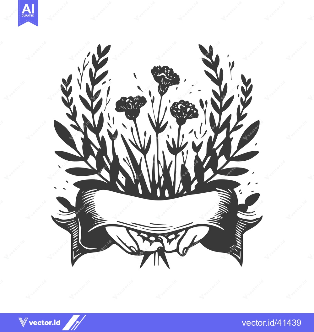 Premium Vector of Floral Bouquet with a Ribbon Banner