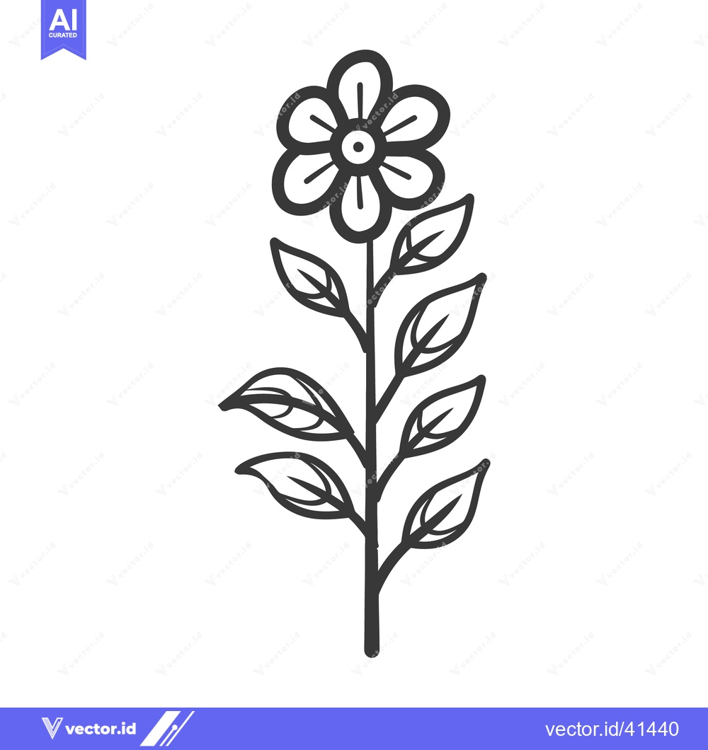 Premium Vector of A single outlined illustration of a simple flower with leaves
