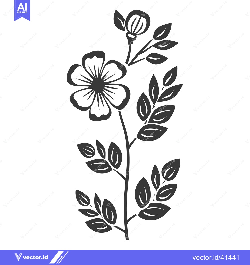 Premium Vector dari Simple black and white floral design with leaves and bud on stem