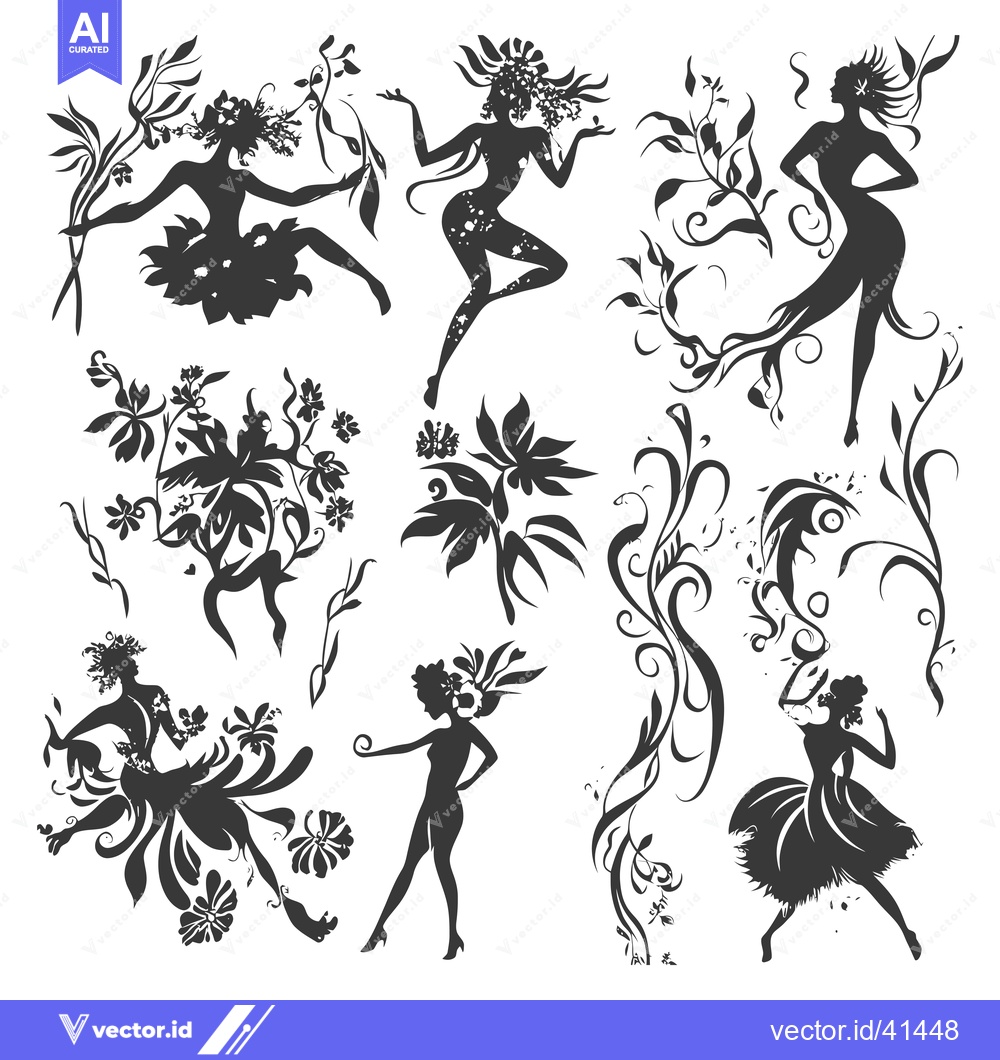 Premium Vector dari Floral Silhouettes of Women Dancing with Elaborate Hair