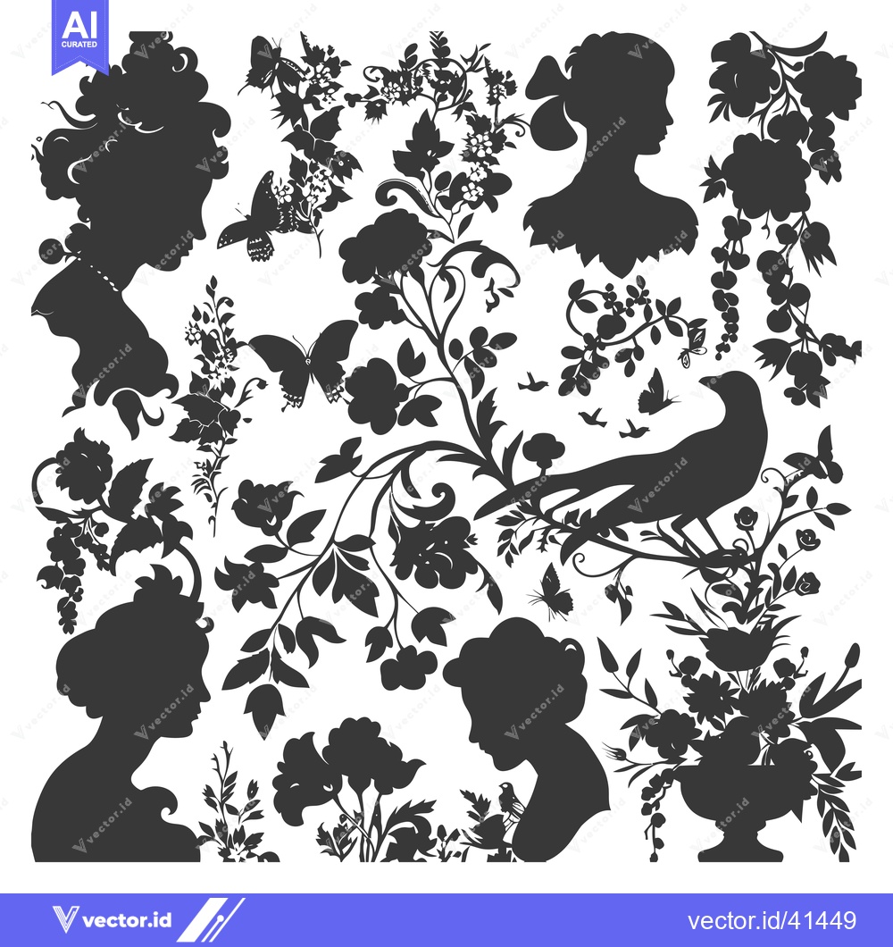 Premium Vector dari Floral Silhouettes with Female Profiles and Birds