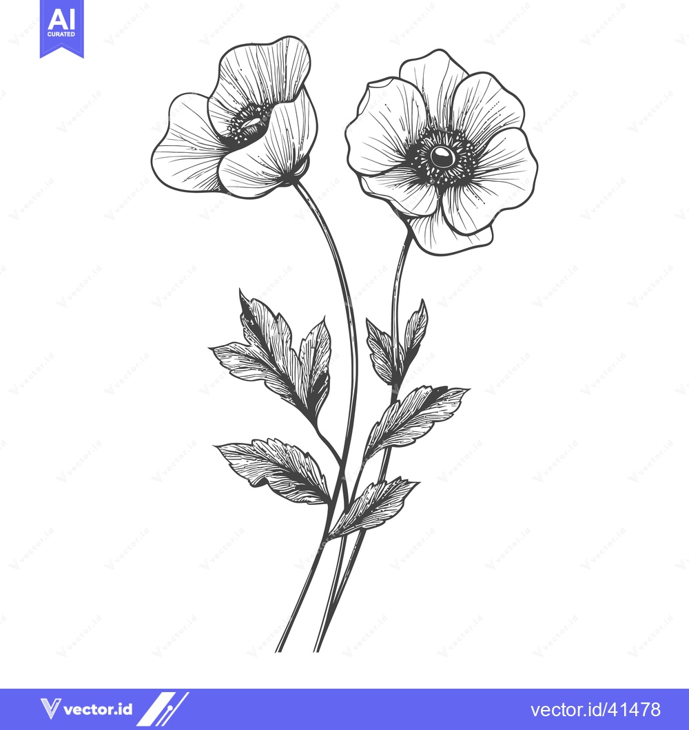 Premium Vector dari Two blossoming flowers and detailed foliage stem illustration on white