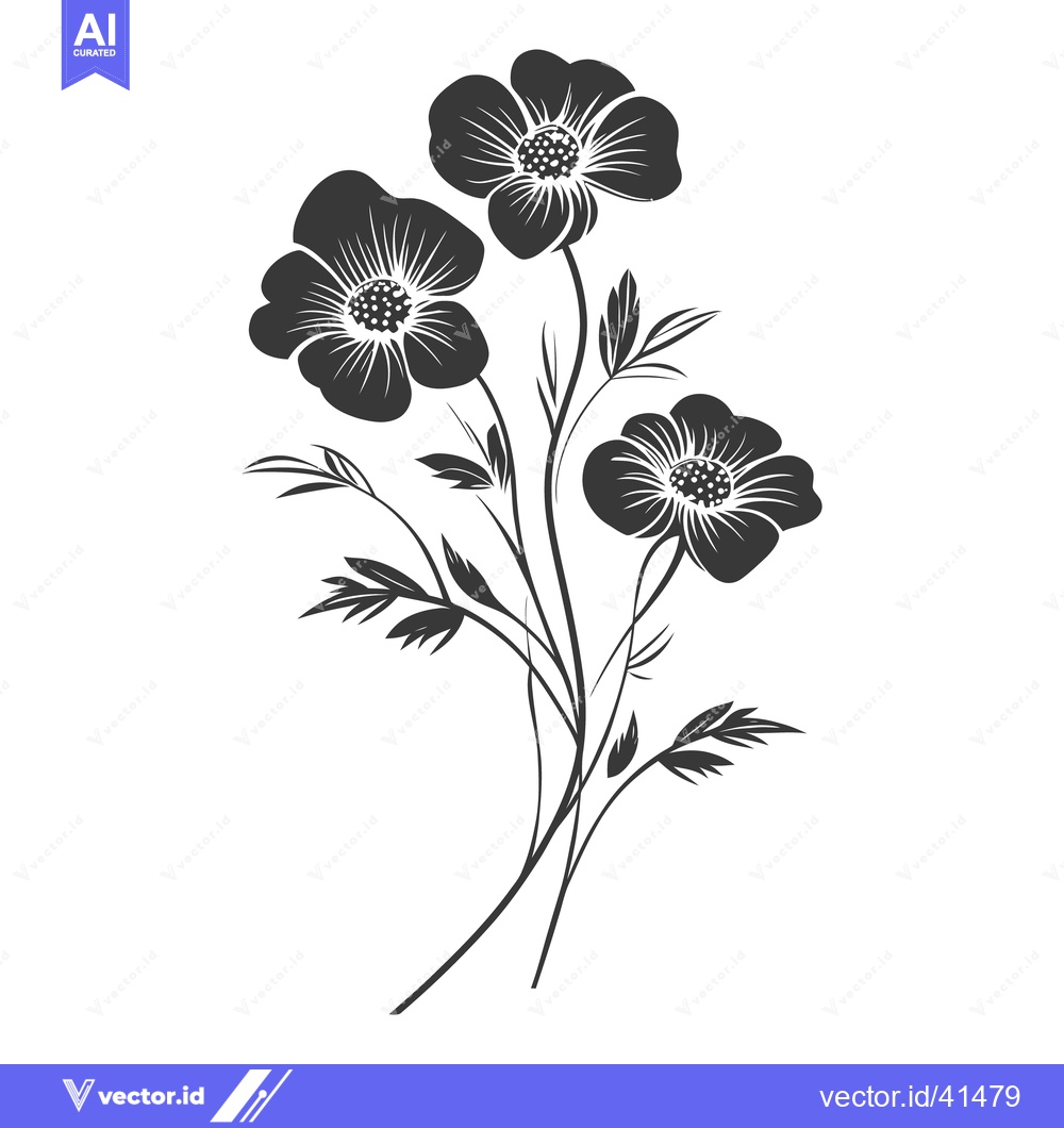 Premium Vector dari Three stylized floral blossoms with leaves and stems in a cluster