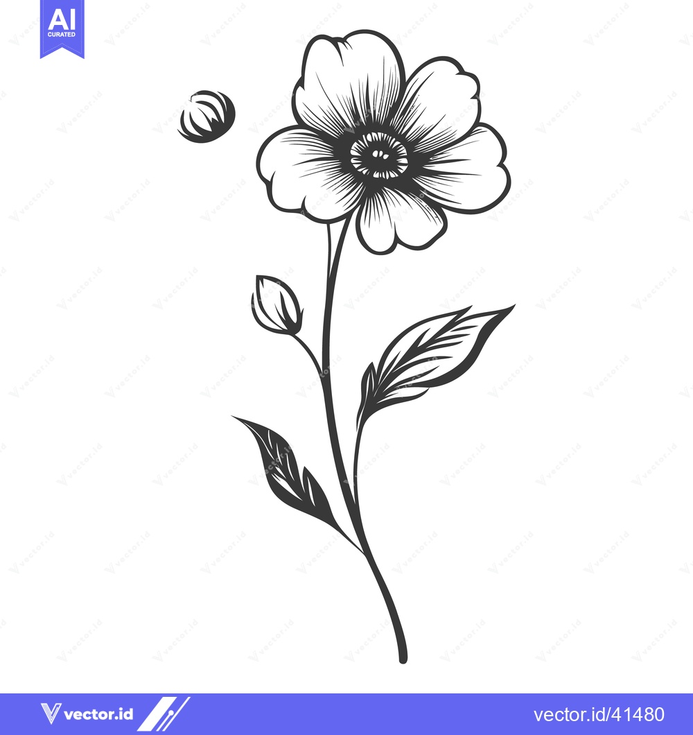 Premium Vector dari A single illustrated flower with buds and leaves on a stem