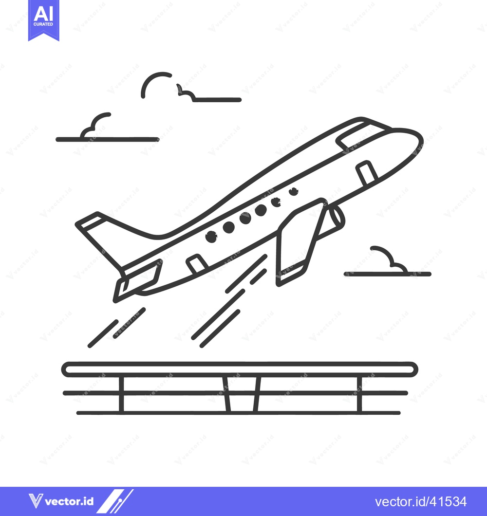 Premium Vector of Airplane Taking Off: Minimalist Line Art Illustration with Clouds and