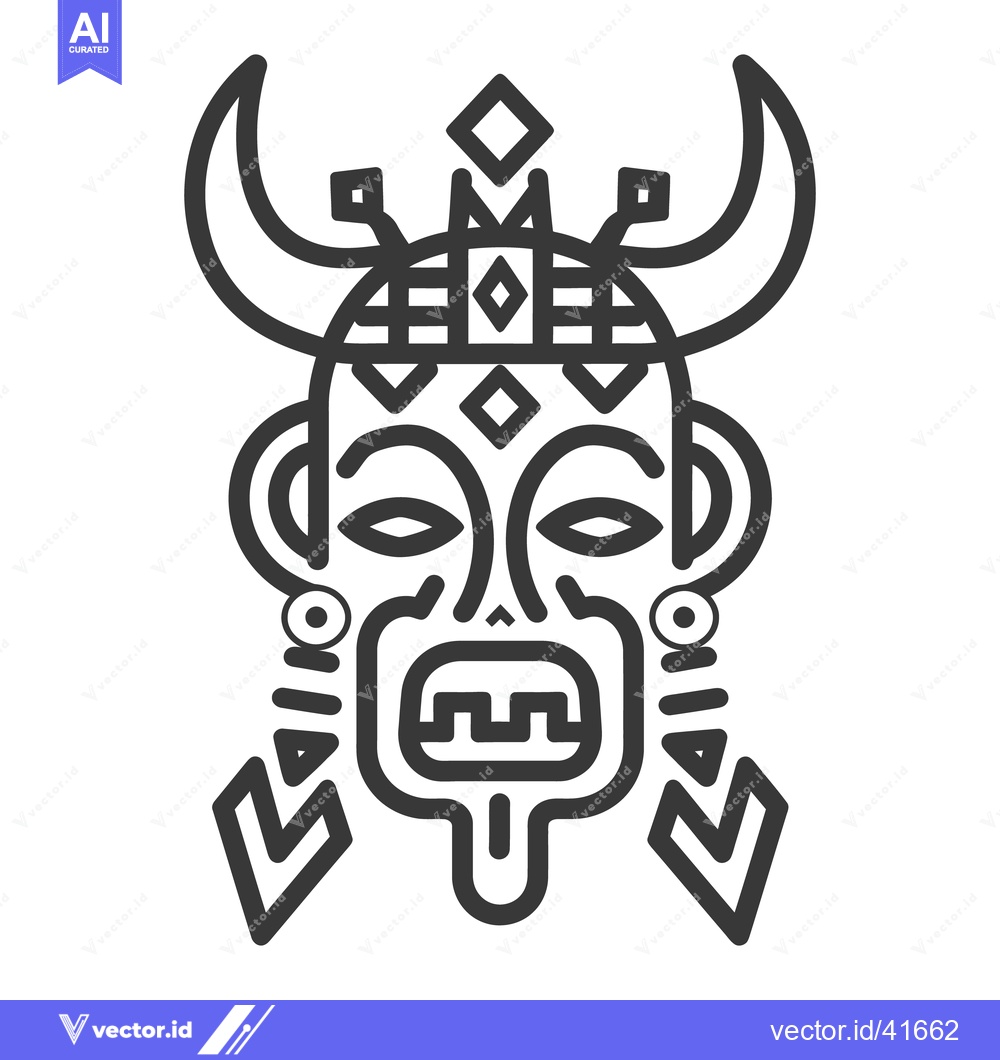 Premium Vector of A stylized black and white tribal mask with horns and symbols