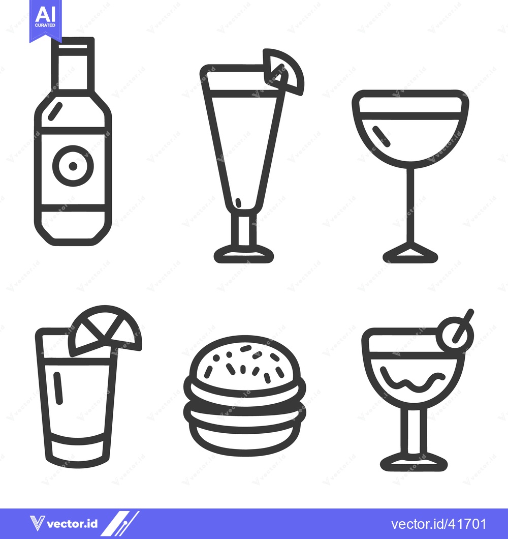 Premium Vector of Simple line art icons showing various alcoholic beverages and a burger