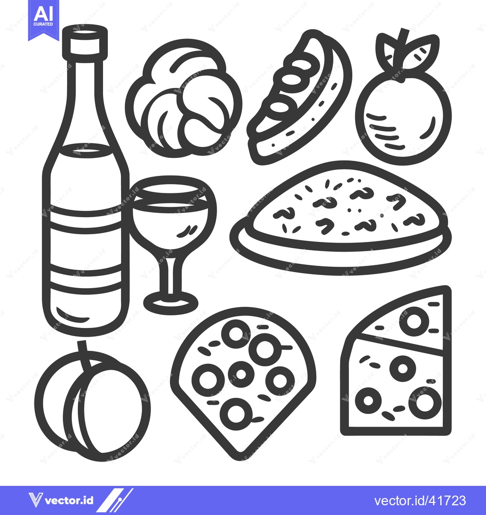 Premium Vector of Illustration depicting various food and beverage items in outline styl