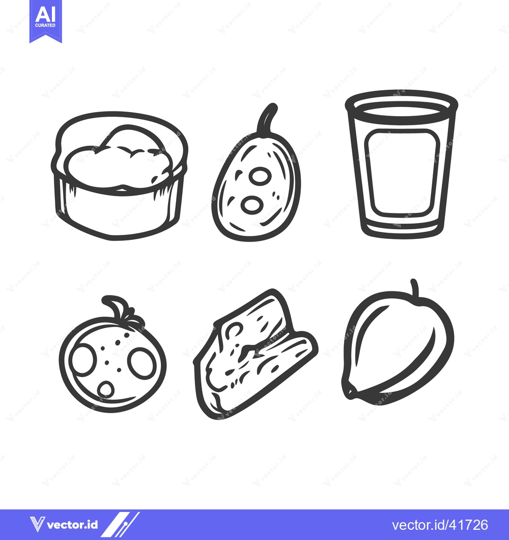 Premium Vector dari Six different food illustrations are presented in black outline