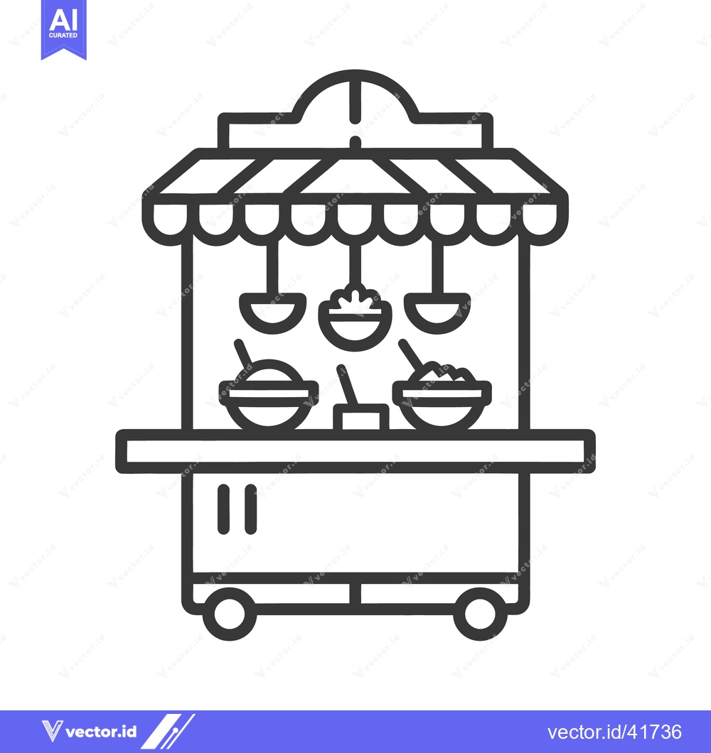 Premium Vector of A line art illustration of a food cart with awnings and food