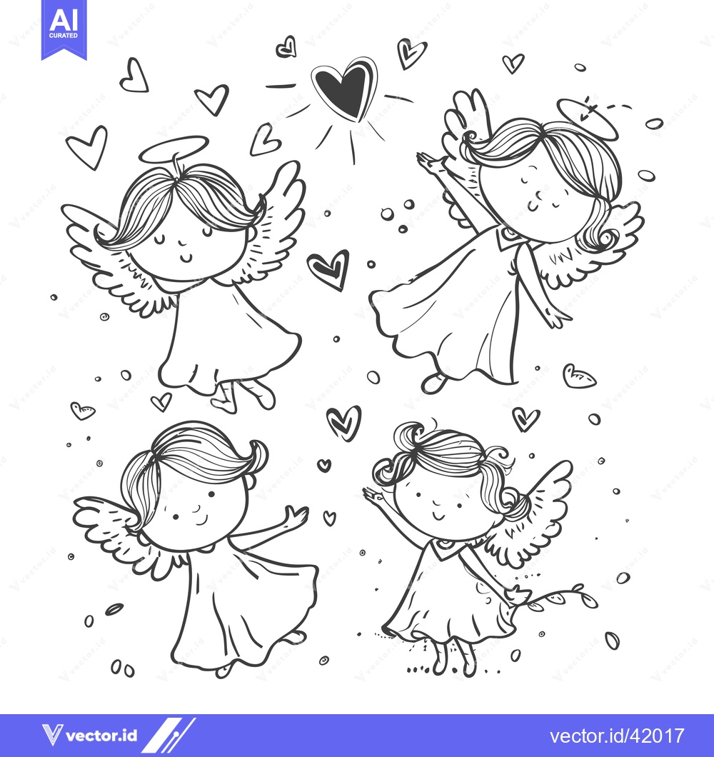 Premium Vector of Four Adorable Angels with Halo and Wings Surrounded by Hearts