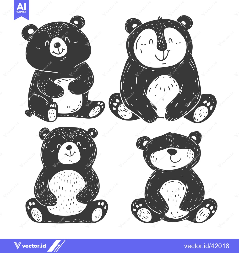 Premium Vector dari Four Adorable Black and White Cartoon Bears Sitting