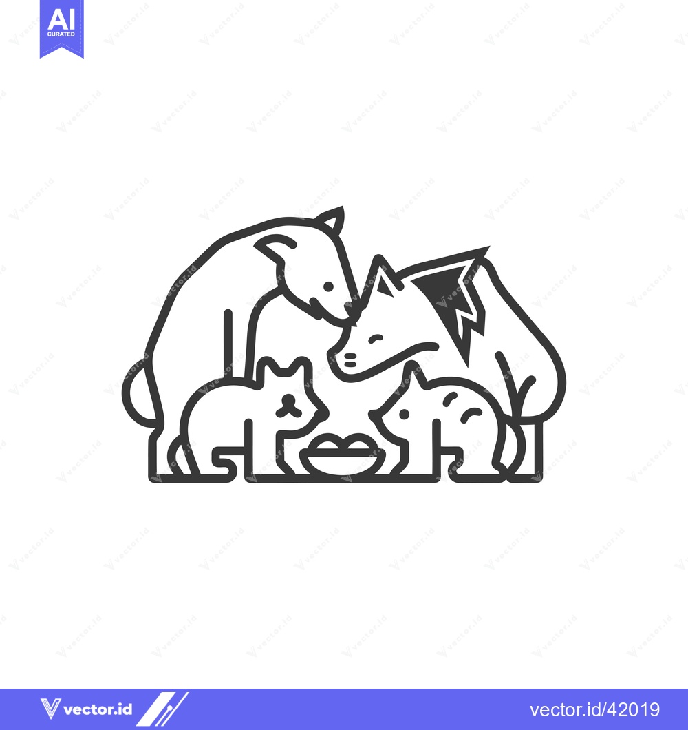 Premium Vector dari Four Animals Sharing a Bowl of Food