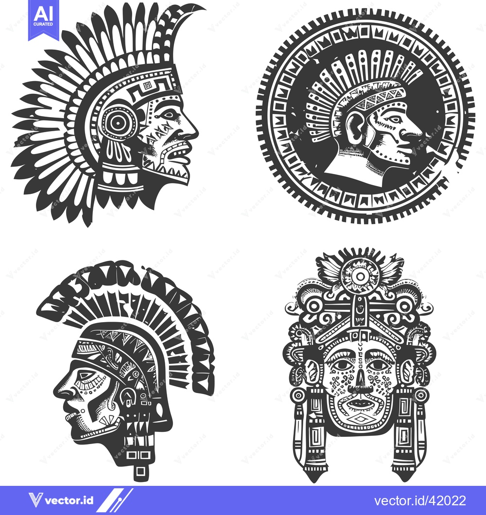 Premium Vector dari Four Black and White Aztec Warrior Head Illustrations