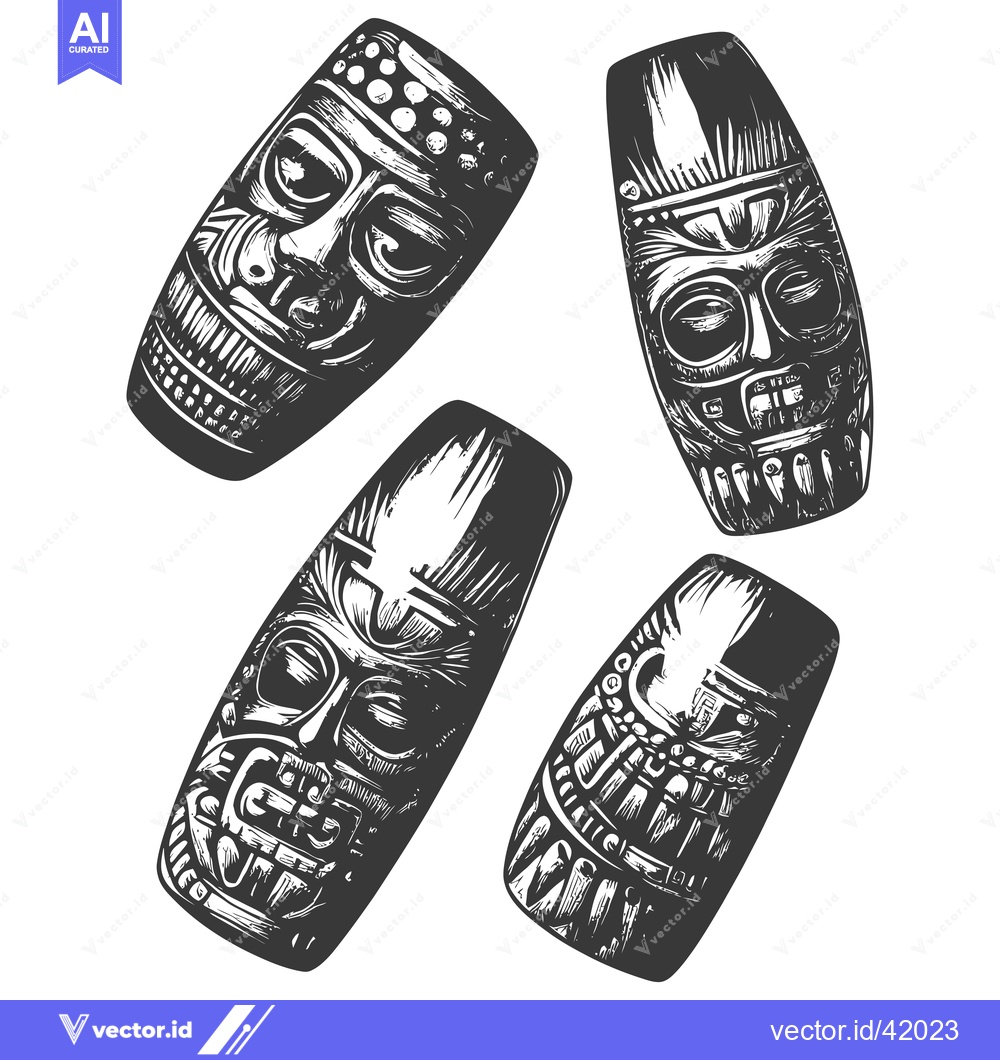 Premium Vector of Four Black and White Carved Wooden Masks