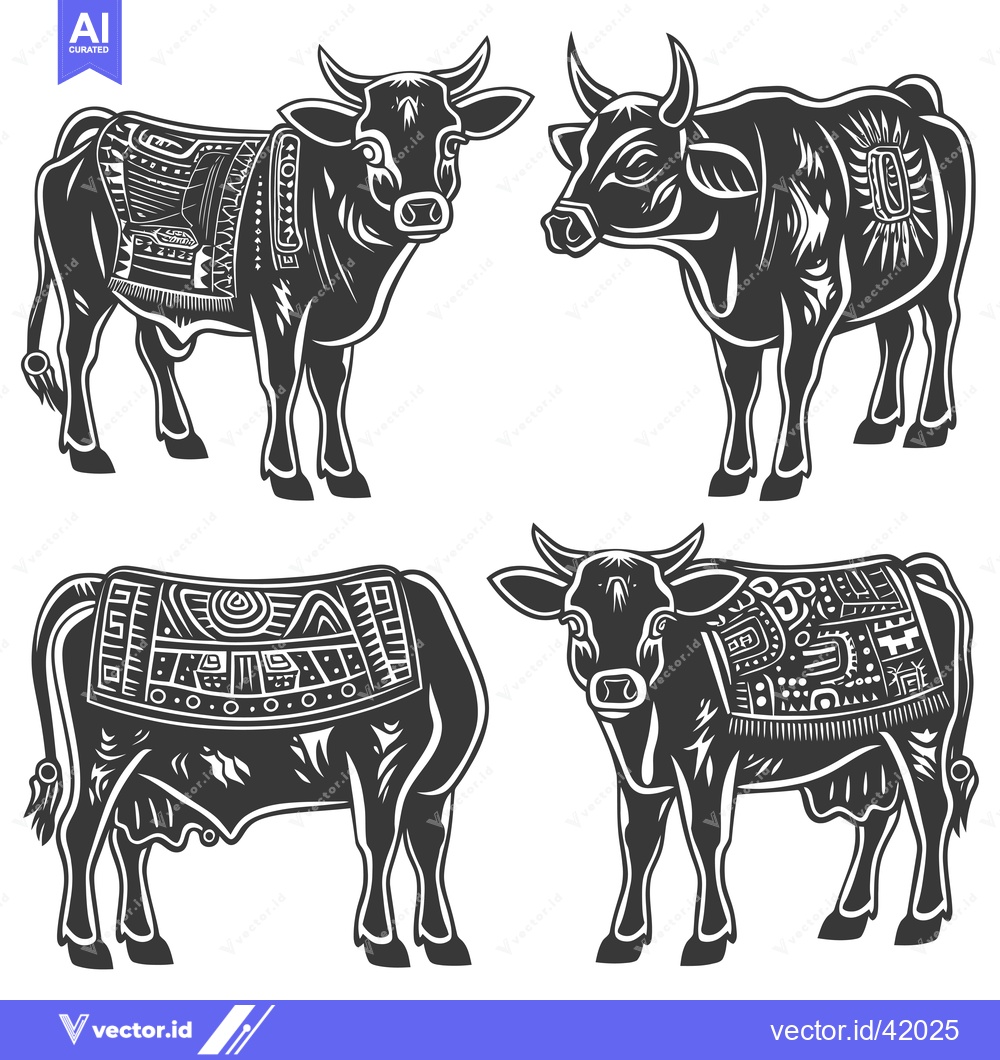 Premium Vector dari Four Black and White Cows with Geometric Patterns