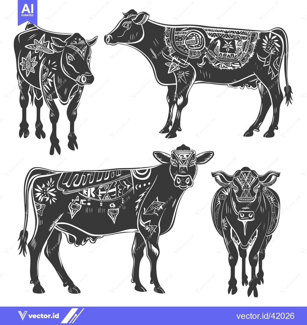 Premium Vector of Four Black and White Cows with Geometric Patterns