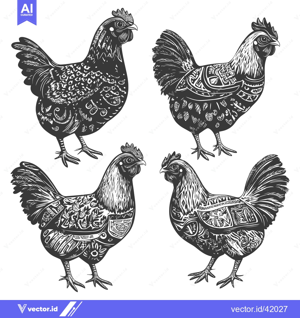 Premium Vector of Four Black and White Detailed Chickens in Various Poses