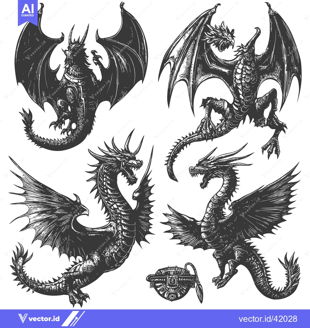 Premium Vector dari Four Black and White Detailed Dragon Illustrations