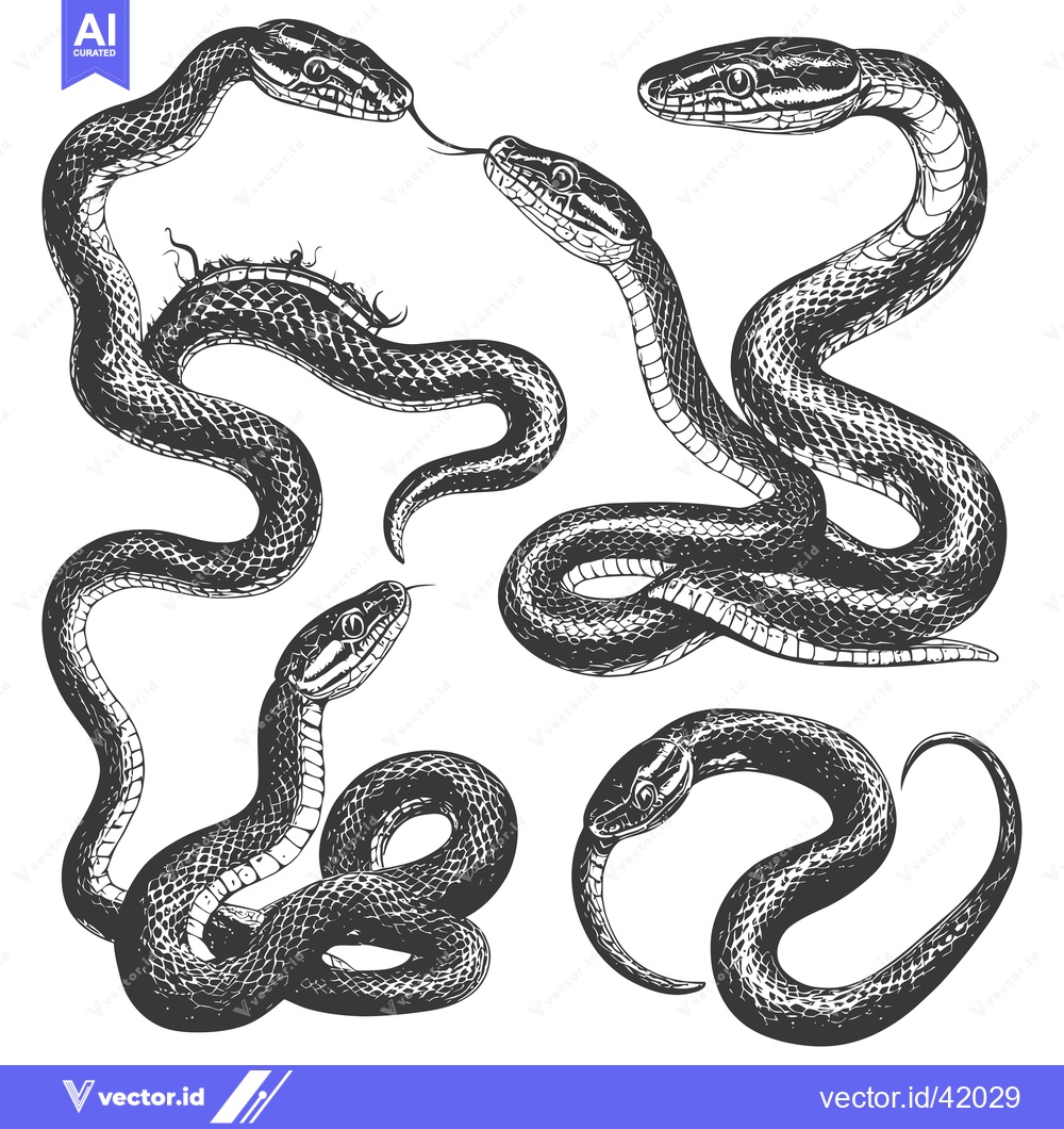 Premium Vector dari Four Black and White Detailed Illustrations of Snakes