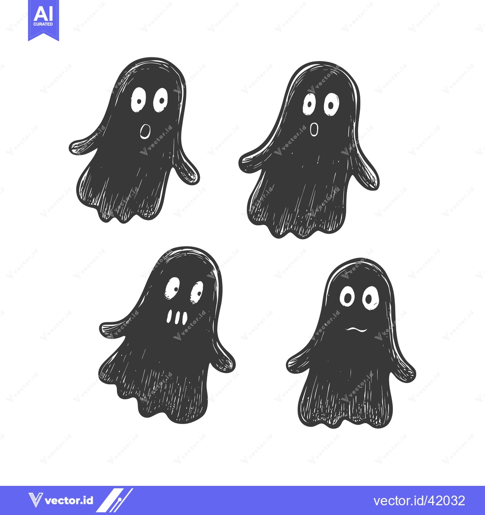 Premium Vector dari Four Black and White Hand-Drawn Ghosts with Different Expressions
