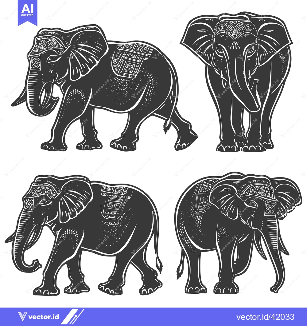 Premium Vector of Four Black and White Illustrated Elephants with Ornamental Detailing