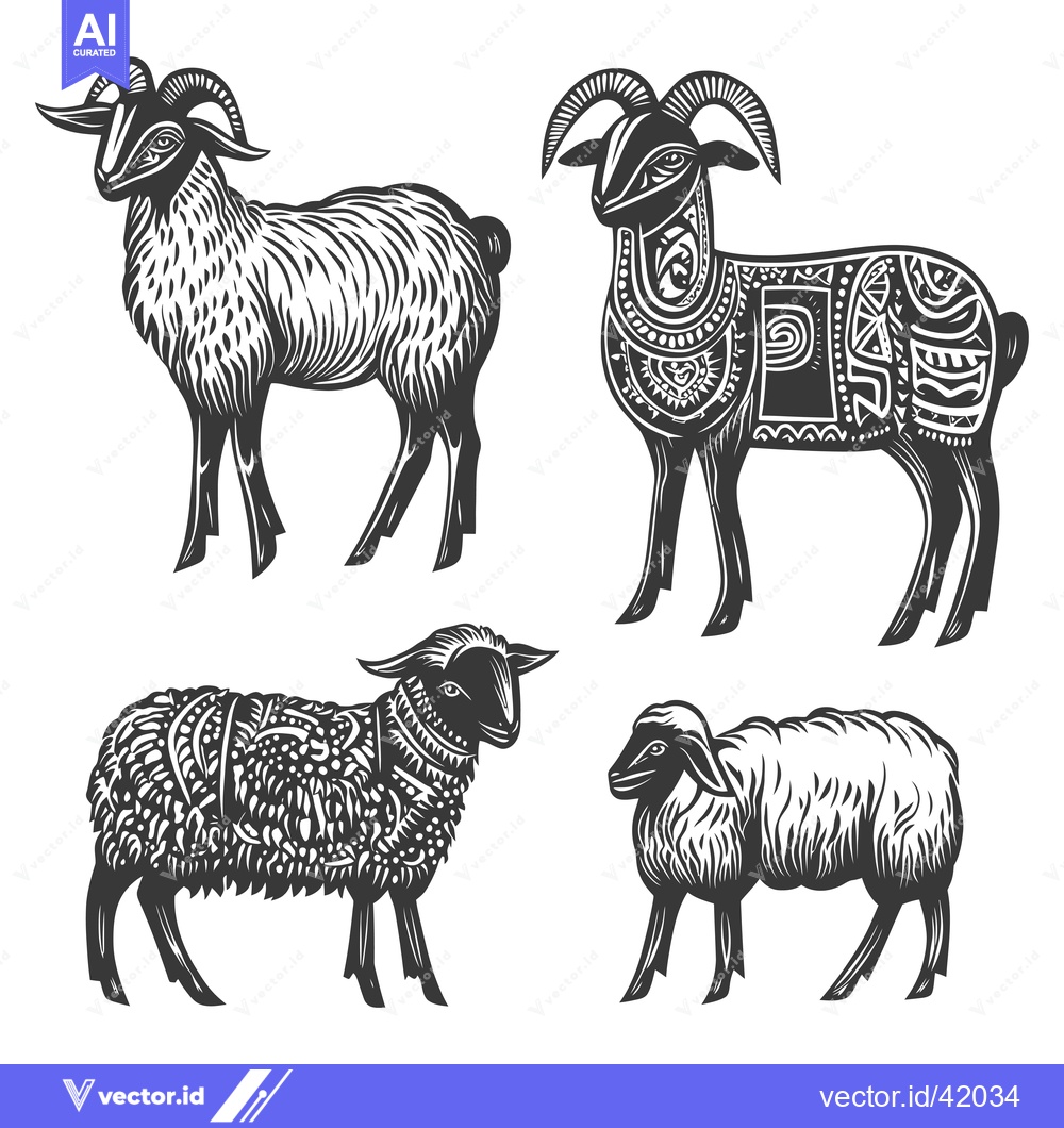 Premium Vector dari Four Black and White Illustrated Goats and Sheep