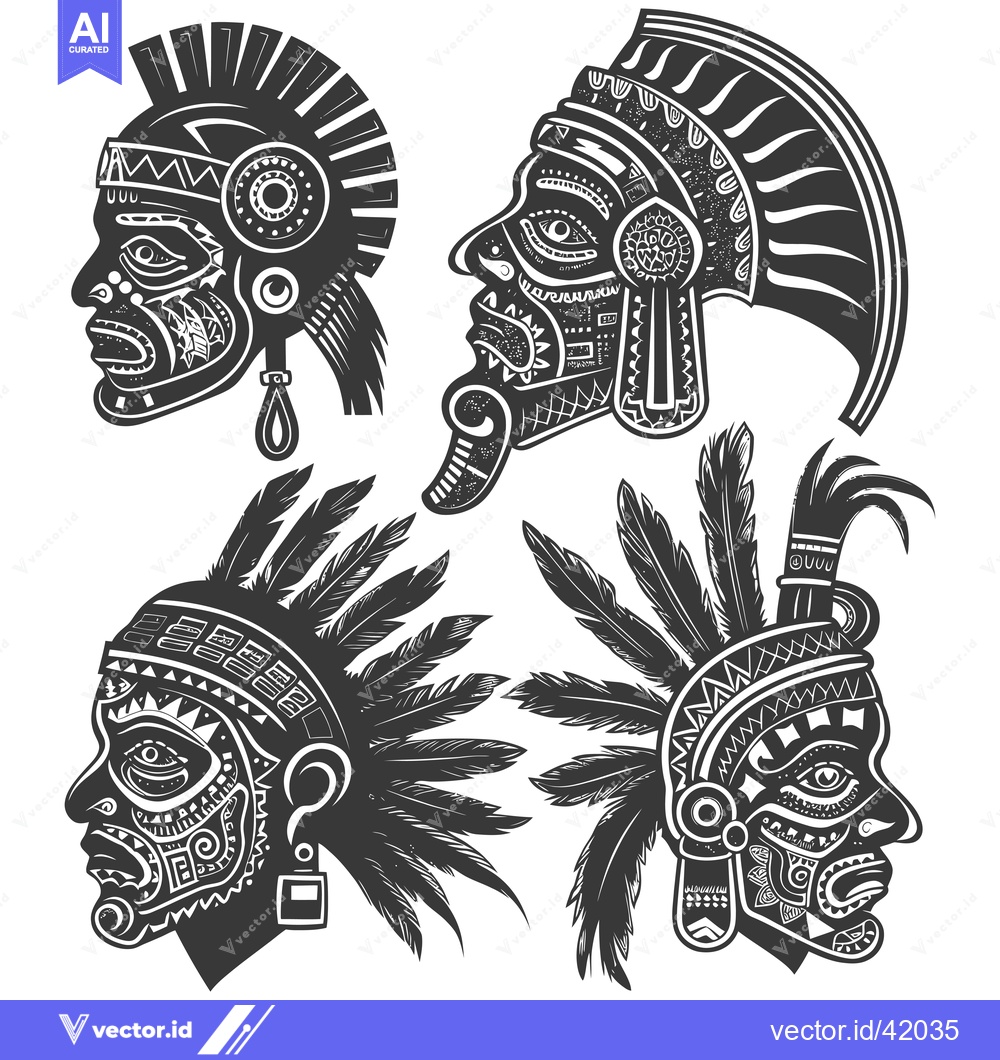 Premium Vector dari Four Black and White Illustrations of Native American Warrior Heads