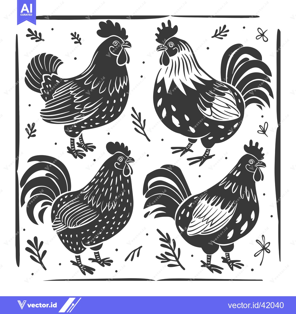 Premium Vector dari Four Black and White Roosters with Floral Accents